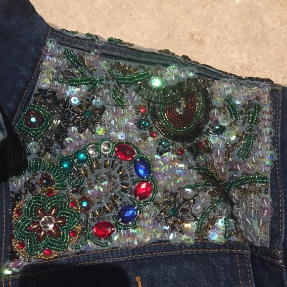 VINTAGE JEAN JACKET 80s IB DIFFUSION bomber blue denim sequins beaded oversized - Picture 9 of 16